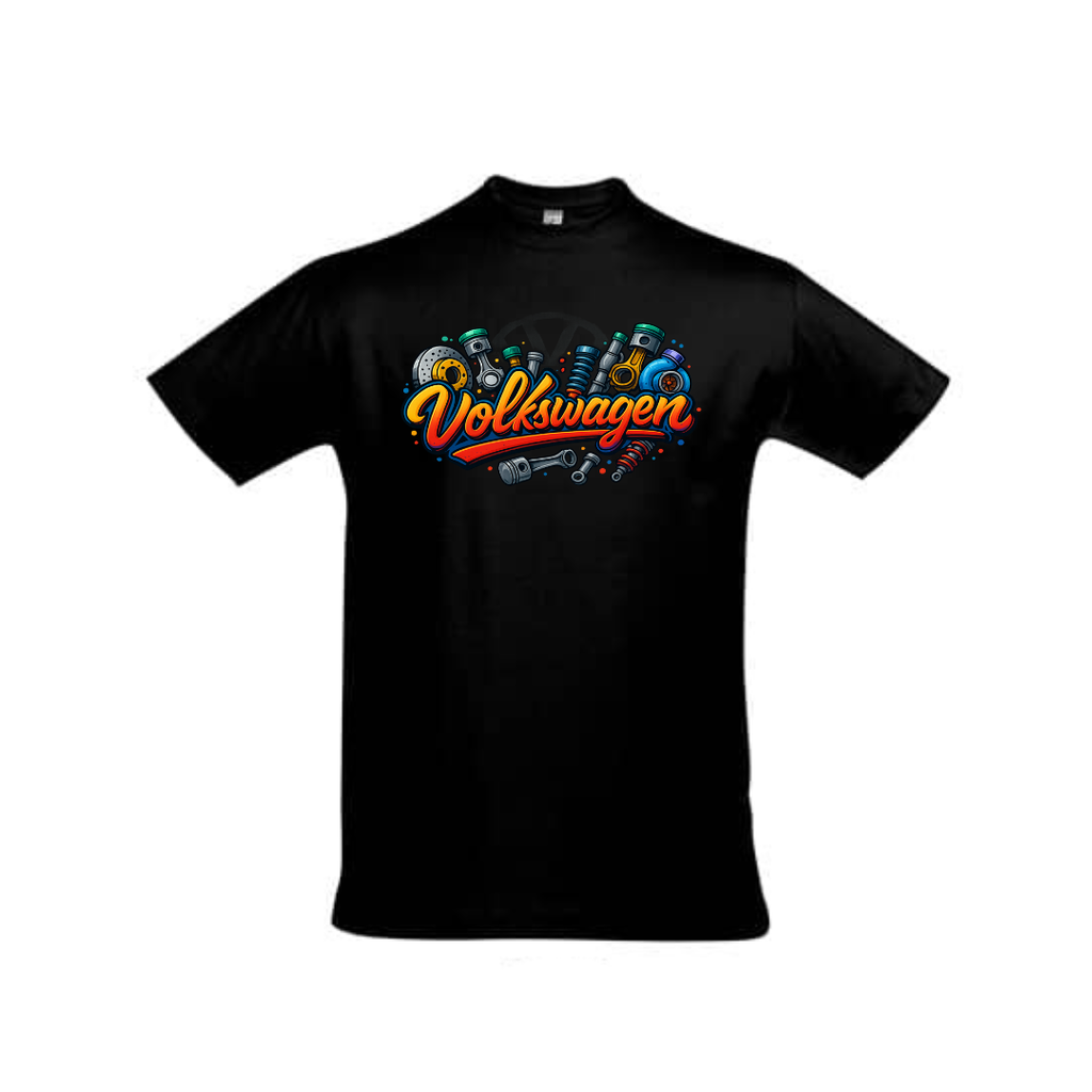 Schwarzes T-Shirt mit Volkswagen-Frontprint und Motor-Illustration