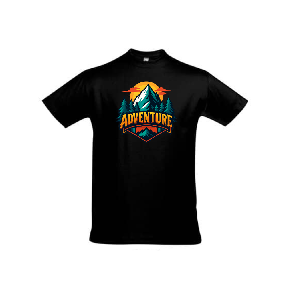 Schwarzes T-Shirt mit Rundhalsausschnitt und Abenteuer-Print auf der Vorderseite