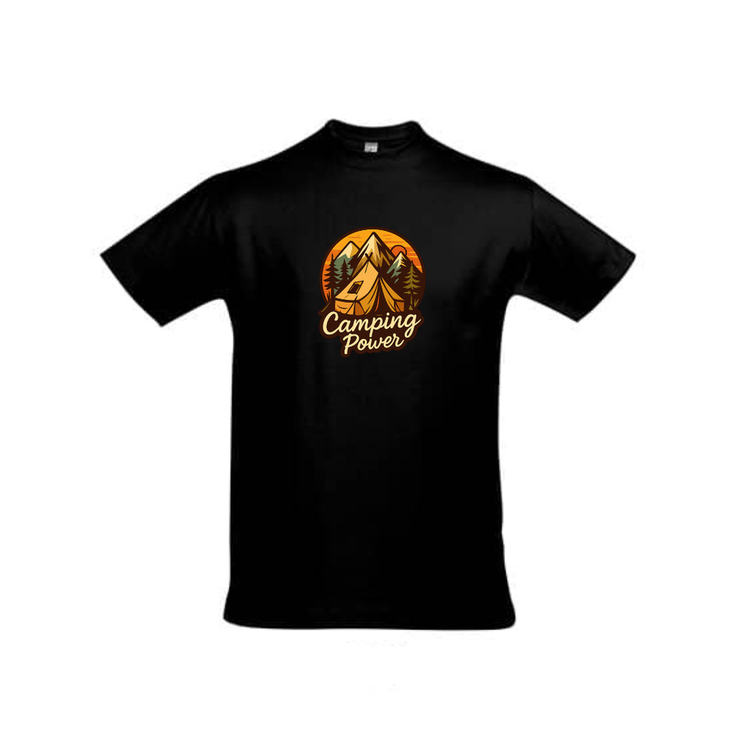 Schwarzes Camping-Power T-Shirt mit rundem Berg-Print auf der Brust