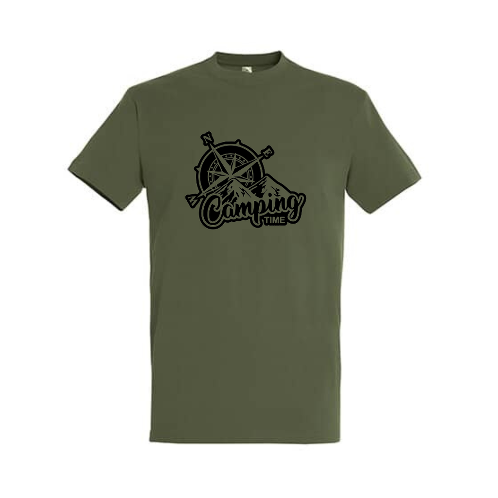 T-Shirt mit Camping-Frontprint, olivgrün, Rundhalsausschnitt, Kurzarm