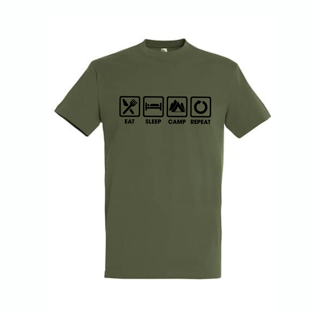 Olivgrünes T-Shirt mit Rundhalsausschnitt und Print „EAT SLEEP CAMP REPEAT“