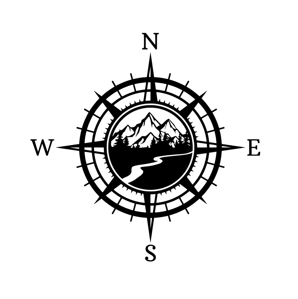 Windrose-Sticker mit Berg- und Meer-Silhouette, schwarz/weiß